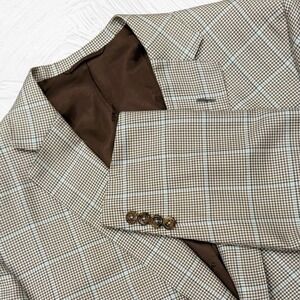 Oxxford Clothes 55%Silk 44% Wool Brown Baby Blue Blazer 44R Handmade Windowpane